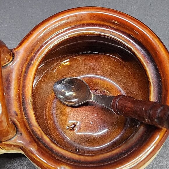 Vintage Stoneware Double Condiment Crock Set with Spoons and Lids - Picture 5 of 10